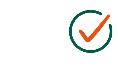 In einem weißen Kreis mit dunkelgrünen Rahmen ist ein oranges Häkchen abgebildet.