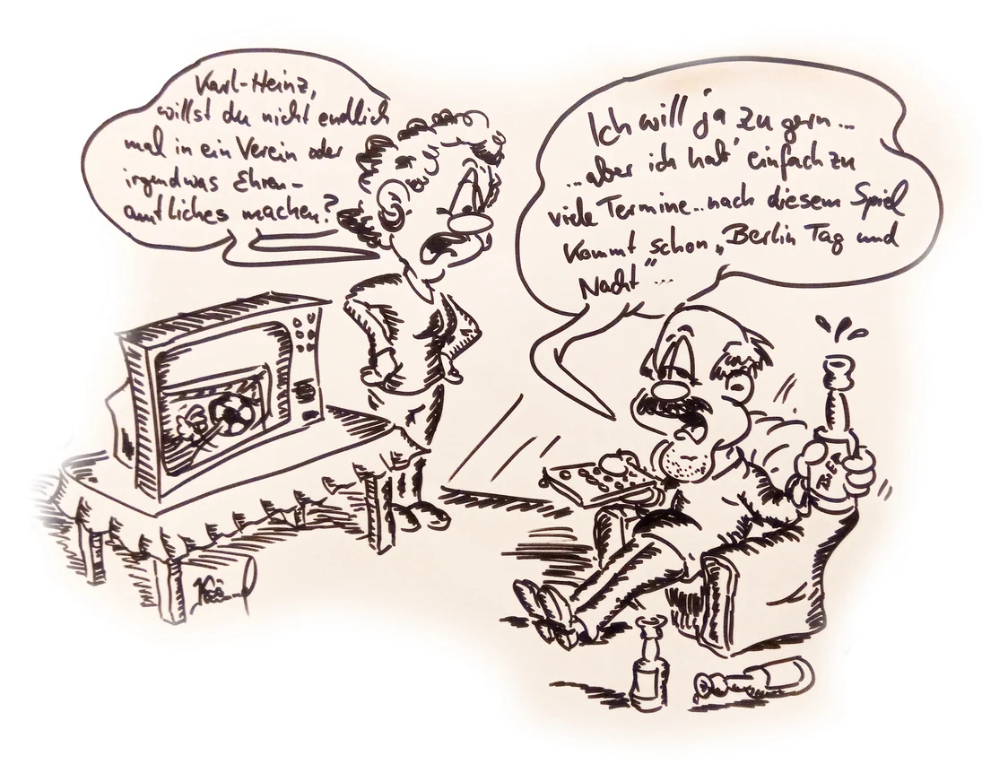 Comiczeichnung: Eine Frau und ein Mann unterhalten sich über das Thema Ehrenamt.