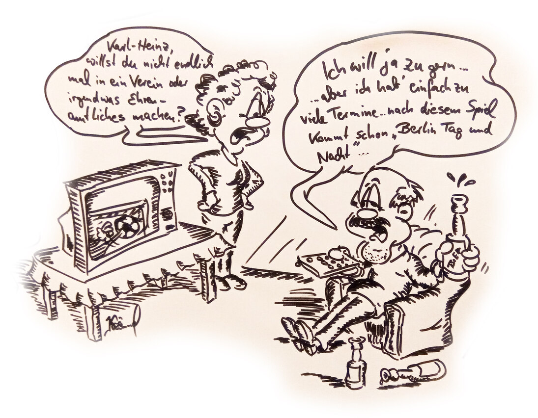 Comiczeichnung: Eine Frau und ein Mann unterhalten sich über das Thema Ehrenamt.