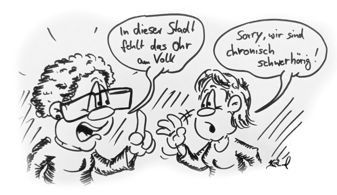 Comiczeichnung: Zwei Frauen unterhalten sich über die Schwerhörigkeit von Politikerinnen und Politikern.