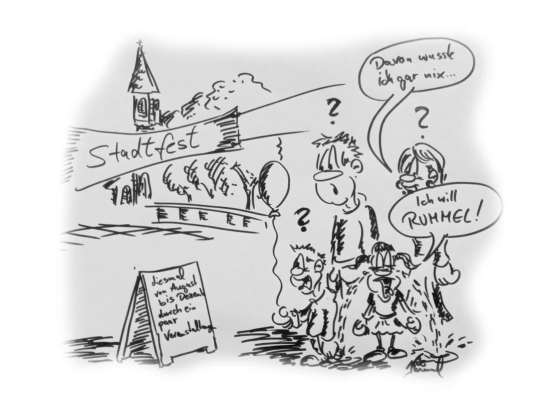 Comiczeichnung: Eine Familie steht am Eingang eines Stadtfestes.
