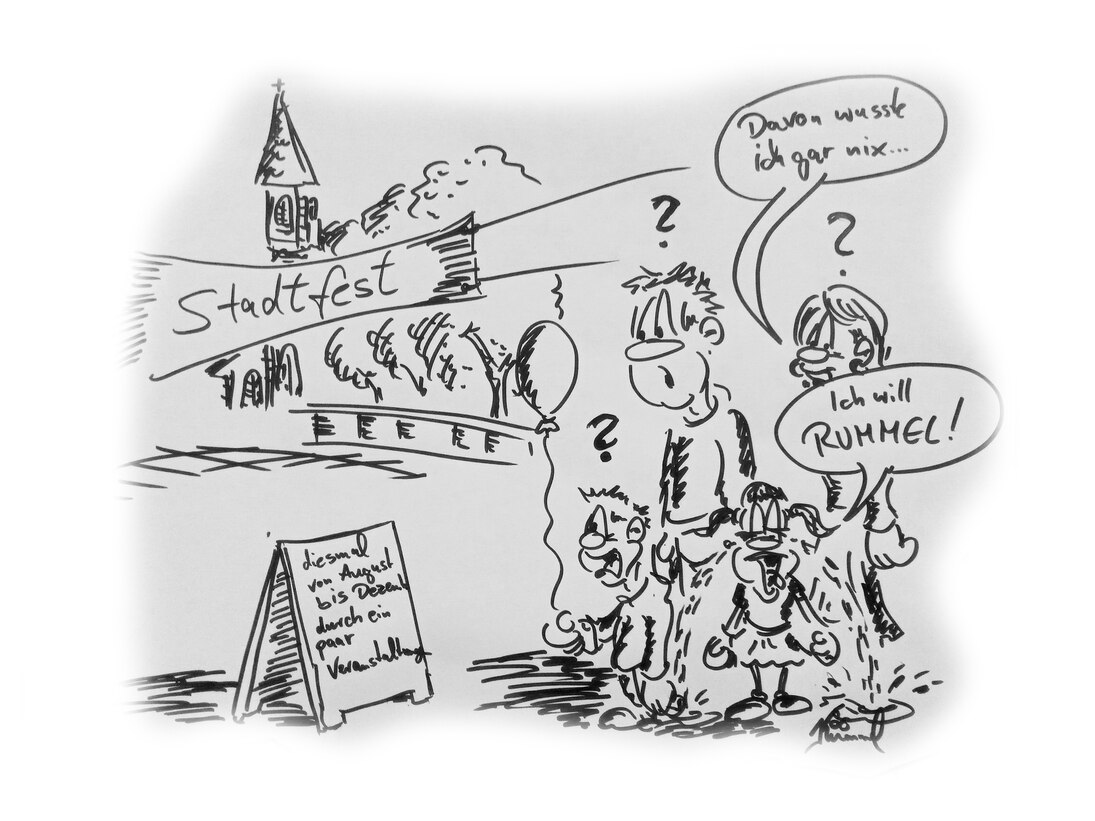 Comiczeichnung: Eine Familie steht am Eingang eines Stadtfestes.