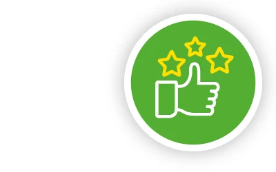 Vor einem hellgrünen Hintergrund ist als Icon eine Hand mit einem Daumen nach oben und drei Sternen abgebildet.