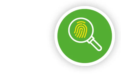 Vor einem hellgrünen Hintergrund ist als Icon eine Lupe über einem Fingerabdruck abgebildet.