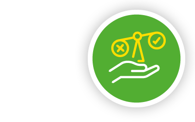 Vor einem hellgrünen Hintergrund ist als Icon eine Hand, die eine Waage hält, abgebildet.