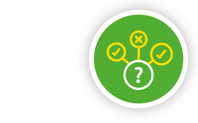 Vor einem hellgrünen Hintergrund ist als Icon ein Kreis mit Fragezeichen sowie Kreise mit Häkchen und einem Kreuz abgebildet.