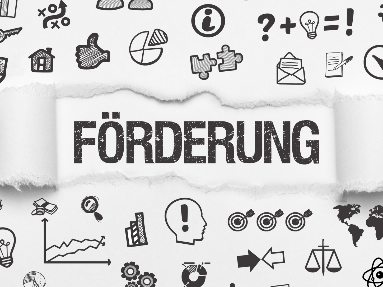 Förderung ausgeschrieben, umgeben von verschiedenen Icons die das Wort verbildlichen