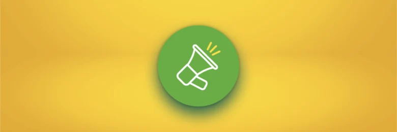 Vor einem gelben Hintergrund ist ein hellgrüner Kreis zu sehen, auf dem das Icon eines Megaphons abgebildet ist,