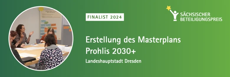 Vor einem grünen Hintergrund ist der Schriftzug "Finalist 2024 Erstellung des Masterplans Prohlis 2030+ Landeshauptstadt Dresden" sowie ein Bild aus dem Projekt, das verschiedene Personen an einem Tisch zeigt, abgebildet