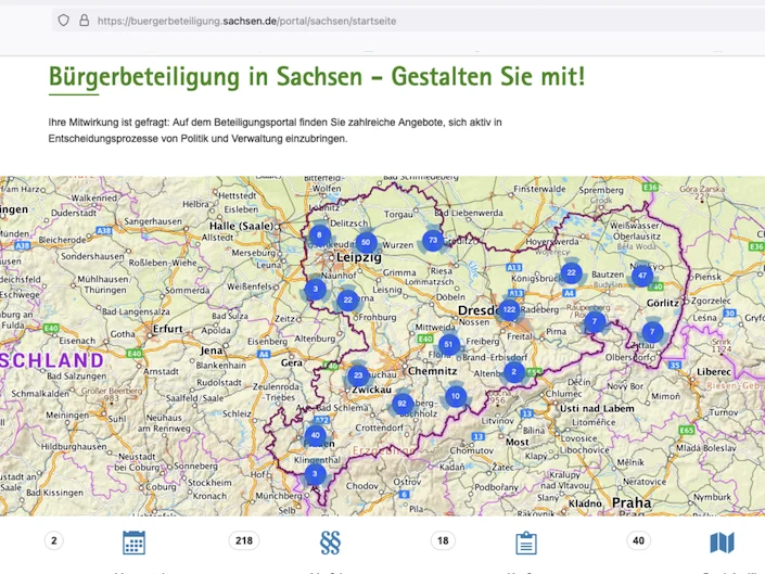 Auf einem Screenshot ist die Startseite des Beteiligungsportals Sachsen zu sehen.