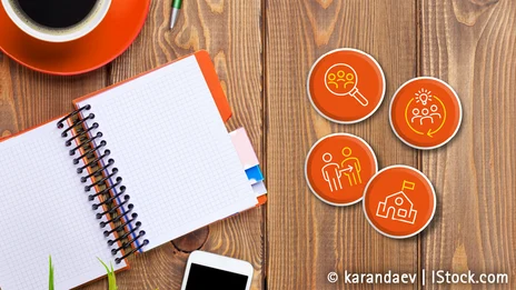 Auf einem Tisch liegen ein Handy, ein Notizbuch, eine Tasse Kaffee und vier orange Icons.