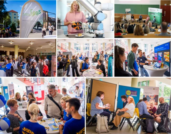 Collage mit diversen Bildern eines Netzwerktreffens, viele Menschen in Gesprächen