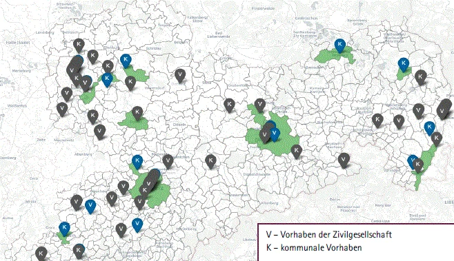 Sachsenkarte mit eingezeichneten Projekten