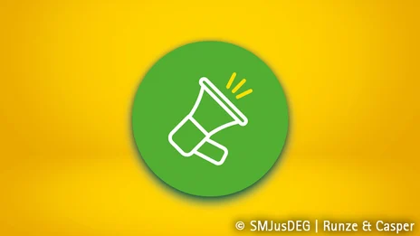 Vor einem gelben Hintergrund ist ein hellgrüner Kreis zu sehen, auf dem das Icon eines Megaphons abgebildet ist.