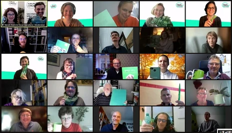 Gruppenbild Bürgerrat Forum Corona Die Teilnehmenden einer Videokonferenz sind in einer Kachelbildgalerie angeordnet.