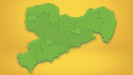 Vor einem gelben Hintergrund ist eine grüne Karte von Sachsen zu sehen.