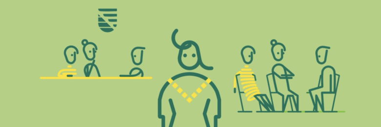 Vor einem hellgrünen Hintergrund sind gezeichnete Personen in drei Situationen dargestellt.