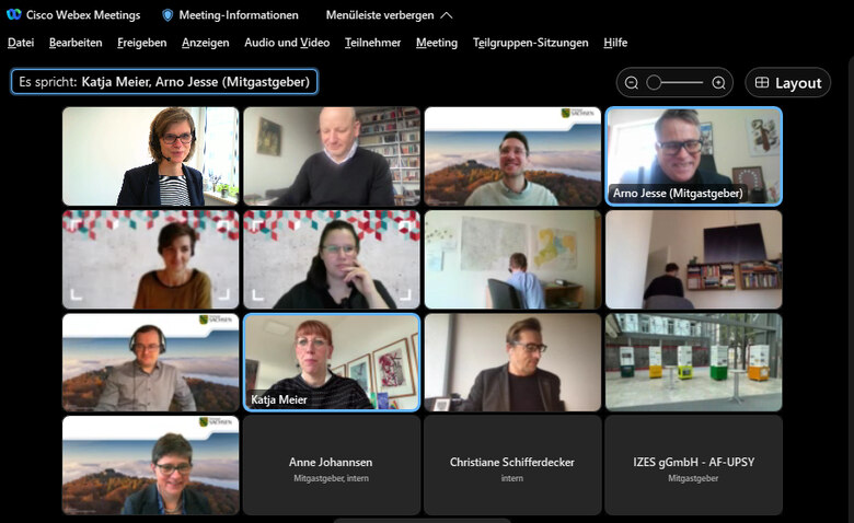 Aufnahme aus der Videokonferenz, auf der die Videos der Teilnehmenden in einer Kachelbildgalerie angeordnet sind.