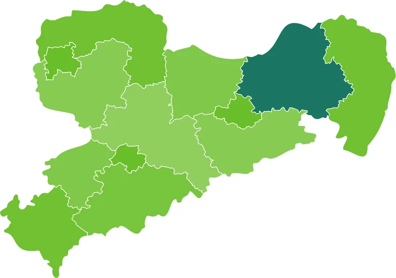 Grüne Karte von Sachsen, auf der der Landkreis Bautzen in dunkelgrün markiert ist.