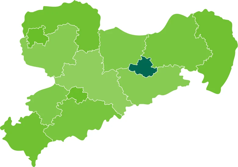Grüne Karte von Sachsen, auf der die Stadt Dresden in dunkelgrün markiert ist.