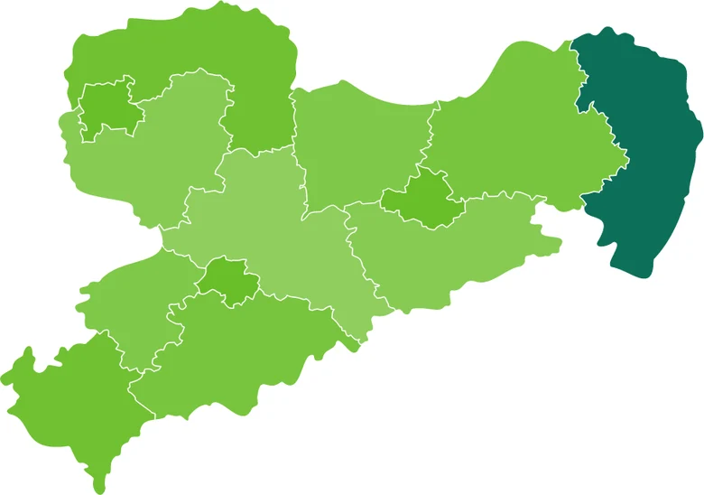 Grüne Karte von Sachsen, auf der der Landkreis Görlitz in dunkelgrün markiert ist.