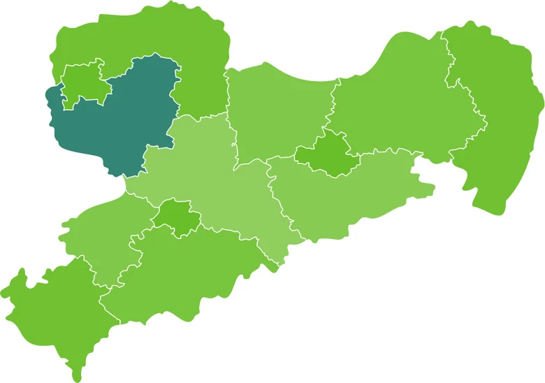 Grüne Karte von Sachsen, auf der der Landkreis Leipzig in dunkelgrün markiert ist.