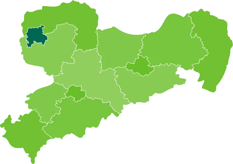 Grüne Karte von Sachsen, auf der die Stadt Leipzig in dunkelgrün markiert ist.