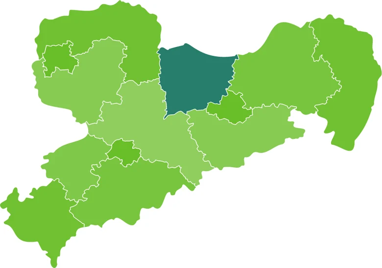 Grüne Karte von Sachsen, auf der der Landkreis Meißen in dunkelgrün markiert ist.
