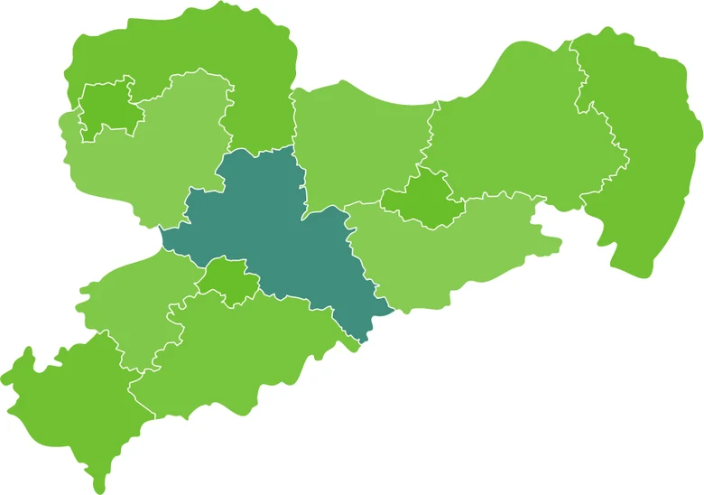 Grüne Karte von Sachsen, auf der der Landkreis Mittelsachsen in dunkelgrün markiert ist.