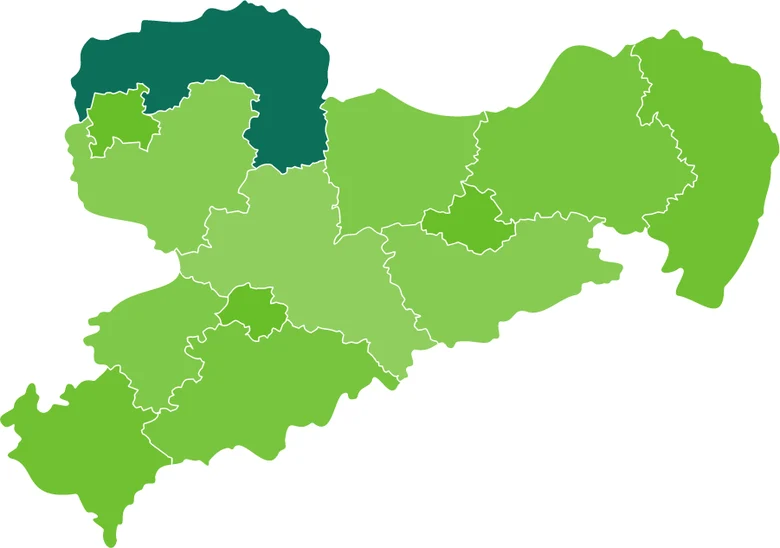 Grüne Karte von Sachsen, auf der der Landkreis Nordsachsen in dunkelgrün markiert ist.