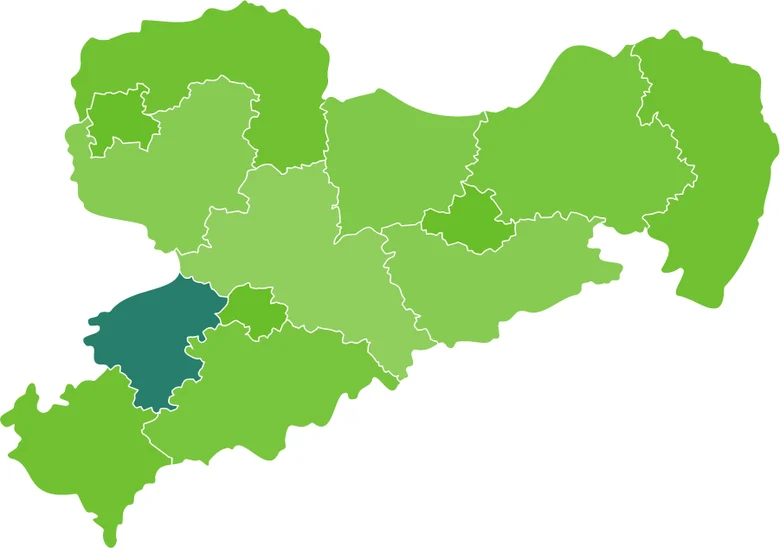 Grüne Karte von Sachsen, auf der der Landkreis Zwickau in dunkelgrün markiert ist.