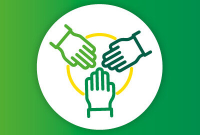 drei Hände zentriert in einem Kreis als Icon für Zivilgesellschaft